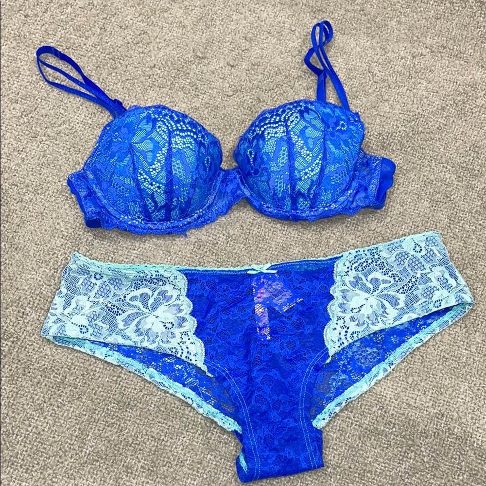 PINK Victoria's Secret Cobalt Lace Bra and Panty Set